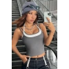 Kadın Antrasit Gri Beyaz Çift Renk Çapraz Askılı Crop Top Bluz