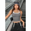 Kadın Antrasit Gri Beyaz Çift Renk Çapraz Askılı Crop Top Bluz
