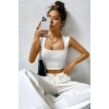 Kadın Beyaz Premium Görünümlü Kare Yaka Kalın Omuz Detaylı Crop Top Bluz