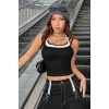 Kadın Beyaz Siyah Çift Renk Çapraz Askılı Crop Top Bluz