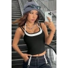 Kadın Beyaz Siyah Çift Renk Çapraz Askılı Crop Top Bluz