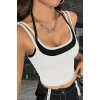 Kadın Beyaz Siyah Çift Renk Çapraz Askılı Crop Top Bluz Şık Esnek