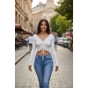 Kadın Beyaz Uzun Kol Drapeli Bağcık Detaylı Crop Top Bluz