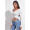 Kadın Beyaz Uzun Kol Drapeli Bağcık Detaylı Crop Top Bluz