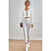 Kadın Beyaz Uzun Kollu Önden Bağlama Detaylı Crop Top Bluz