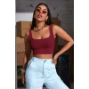 Kadın Bordo Kalın Askılı Crop Top Büstiyer Esnek Kumaş Şık Basic Kadın Üst Giyim