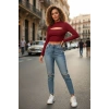 Kadın Bordo Modern Fit Göğüs Dekolteli Uzun Kollu Cut Out Crop Top Bluz