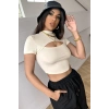 Kadın Ekru Göğüs Dekolteli Yarım Kollu Cut Out Crop Top Bluz