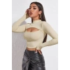 Kadın Ekru Modern Fit Göğüs Dekolteli Uzun Kollu Cut Out Crop Top Bluz