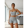 Kadın Gri Kaşkorse Şortlu Crop Atlet Takım Esnek Kumaş Yüksek Bel