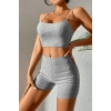 Kadın Gri Kaşkorse Şortlu Crop Atlet Takım Esnek Kumaş Yüksek Bel