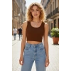 Kadın Kahverengi Modern Fit Kare Yaka Crop Top Bluz