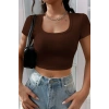 Kadın Kahverengi Şık Kesim Yarım Kol Crop Bluz