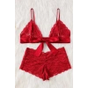 Kadın Kırmızı Dantelli & Kurdelalı Sütyen Külot Takımı