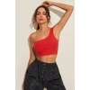 Kadın Kırmızı Fit Görünümlü Tek Omuz Crop Top Büstiyer