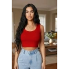 Kadın Kırmızı Modern Fit Kare Yaka Crop Top Bluz
