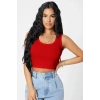 Kadın Kırmızı Modern Fit Kare Yaka Crop Top Bluz