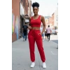 Kadın Kırmızı Premium Görünümlü Kaşkorse Cepli Jogger Eşofman Altı Ve Crop Top Bluz Takımı