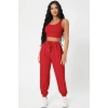 Kadın Kırmızı Premium Görünümlü Kaşkorse Cepli Jogger Eşofman Altı Ve Crop Top Bluz Takımı