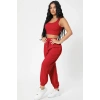 Kadın Kırmızı Premium Görünümlü Kaşkorse Cepli Jogger Eşofman Altı Ve Crop Top Bluz Takımı