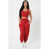Kadın Kırmızı Premium Görünümlü Kaşkorse Cepli Jogger Eşofman Altı Ve Crop Top Bluz Takımı