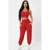 Kadın Kırmızı Premium Görünümlü Kaşkorse Cepli Jogger Eşofman Altı Ve Crop Top Bluz Takımı