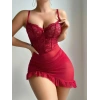 Kadın Kırmızı Transparan Detaylı Şık Fantezi Gecelik Premium Gece Giyim