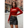 Kadın Kırmızı Uzun Kollu Dekolteli Modern Cut-out Crop Bluz