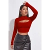 Kadın Kırmızı Uzun Kollu Dekolteli Modern Cut-out Crop Bluz