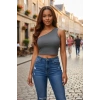 Kadın Koyu Gri Fit Görünümlü Tek Omuz Crop Top Büstiyer