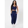 Kadın Laciver Premium Görünümlü Kaşkorse Cepli Jogger Eşofman Altı Ve Crop Top Bluz Takımı