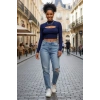 Kadın Lacivert Modern Fit Göğüs Dekolteli Uzun Kollu Cut Out Crop Top Bluz