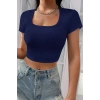 Kadın Lacivert Yarım Kol Düz Yaka Crop Top Bluz