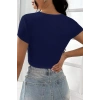 Kadın Lacivert Yarım Kol Düz Yaka Crop Top Bluz