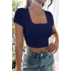 Kadın Lacivert Yarım Kol Düz Yaka Crop Top Bluz