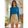Kadın Mavi Parmak Geçmeli Uzun Kollu Body Esnek Fit Bluz