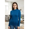 Kadın Mavi Parmak Geçmeli Uzun Kollu Body Esnek Fit Bluz