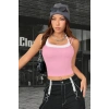 Kadın Pembe Beyaz Çift Renk Çapraz Askılı Crop Top Bluz Şık Esnek