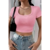 Kadın Pembe Şık Kesim Yarım Kol Crop Bluz