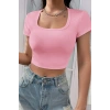 Kadın Pembe Yarım Kol Düz Yaka Crop Top Bluz