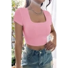 Kadın Pembe Yarım Kol Düz Yaka Crop Top Bluz