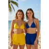 Kadın Sarı Ve Mavi Şortlu Belden Ve Boyundan Bağlamalı Bikini Takımı