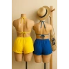 Kadın Sarı Ve Mavi Şortlu Belden Ve Boyundan Bağlamalı Bikini Takımı