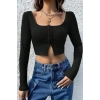Kadın Siyah Agraflı Göğüs Ve Göbek Dekolteli Uzun Kollu Crop Top Bluz Premium Stil