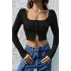 Kadın Siyah Agraflı Göğüs Ve Göbek Dekolteli Uzun Kollu Crop Top Bluz Premium Stil