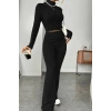 Kadın Siyah Boğazlı Crop Top Yüksek Bel Eşofman Takımı Spor Şık 2’li Set
