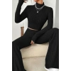 Kadın Siyah Boğazlı Crop Top Yüksek Bel Eşofman Takımı Spor Şık 2’li Set