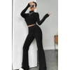 Kadın Siyah Boğazlı Crop Top Yüksek Bel Eşofman Takımı Spor Şık 2’li Set