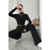 Kadın Siyah Boğazlı Crop Top Yüksek Bel Eşofman Takımı Spor Şık 2’li Set