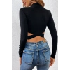 Kadın Siyah Çapraz Bel Detaylı Dik Yaka Uzun Kol Crop Top Bluz